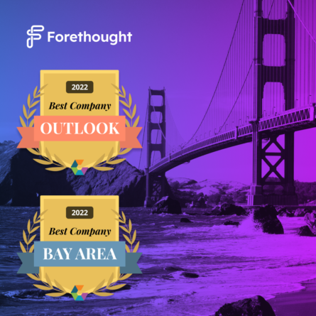 Image of two Comparably Award badges against a purple gradient of the Golden Gate bridge.